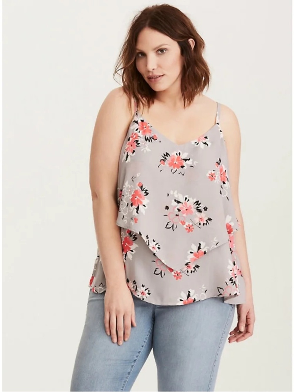 Torrid Grey Pink Floral Layered Georgette Cami Top Plus Size 0 L XL Crisscross